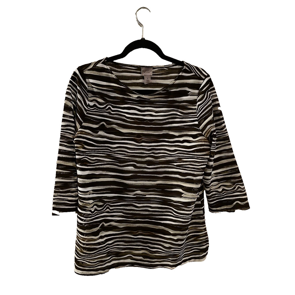 Easywear by Chico's Black Zebra Striped Mesh 3/4 Sleeve Casual Top Womans Size M